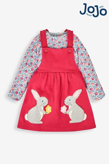 JoJo Maman Bébé Rose Bunny Appliqué Pocket Pinafore Dress Carpenter & Top Set (609082) | £26.50