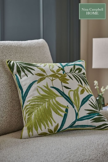 Nina Campbell Green/Blue Nassau Leaf Embroidered Cushion (609178) | £35