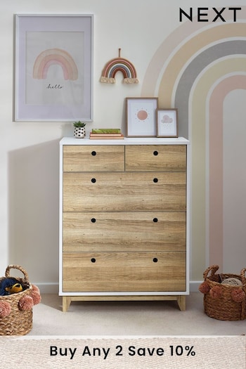 White/Wood Effect Parker Kids 5 Drawer Chest of Drawers (609302) | £350
