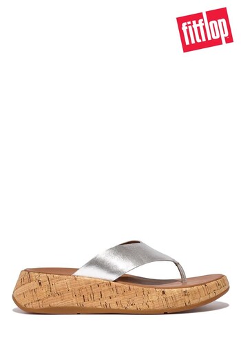 FitFlop Silver F-Mode Metallic Leather Cork Flat-Form Toe-Post Sandals (609513) | £57