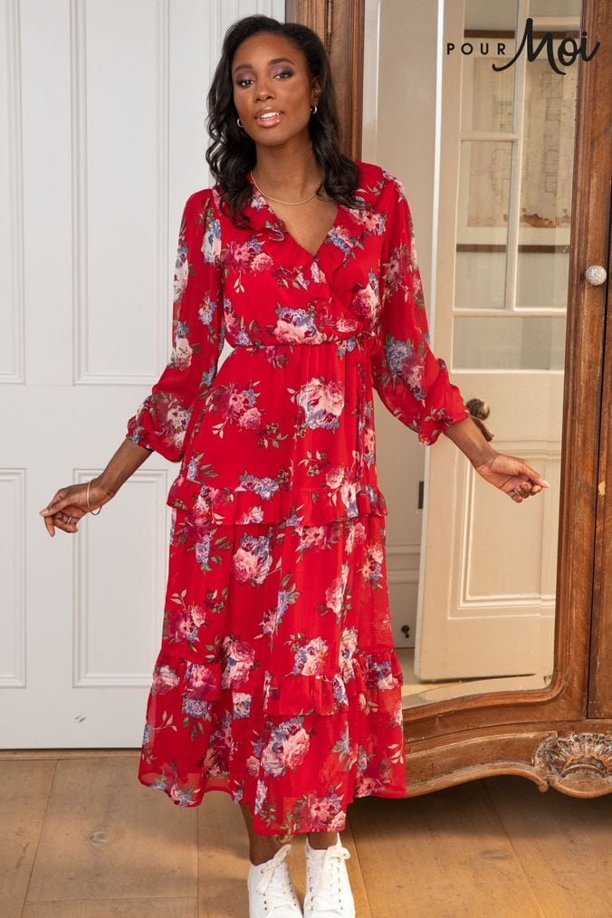 Red floral midi online dress with sleeves