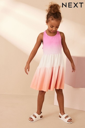 Pink/Apricot Orange Ombre Jersey Back Detail Tiered Dress (3-16yrs) (610393) | £9 - £14