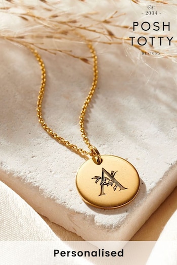 Floral Engraved Initial Disc Necklace by Posh Totty Designs (610496) | £65