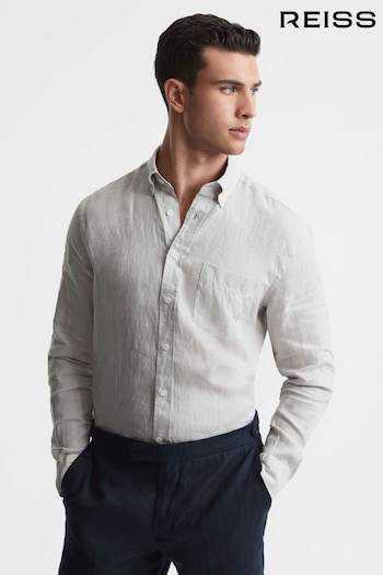 Reiss Stone Quick Slim Fit Linen Button-Down Shirt (610661) | £98