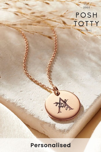 Floral Engraved Initial Disc Necklace by Posh Totty Designs (610864) | £59