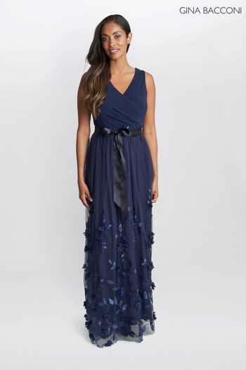 Gina Bacconi Blue Olyssia Long Sleeveless Dress With Surplice Neckline 3D Floral Skirt (611688) | £280