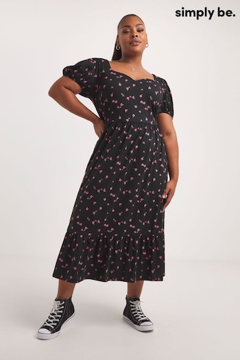 Simply Be Floral Supersoft Sweetheart Black Midi Dress (613227) | £29