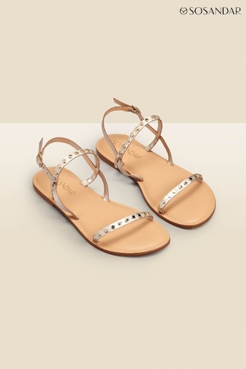 Sosandar Gold Leather Stud Detail Strappy Flat White Sandals (613237) | £39
