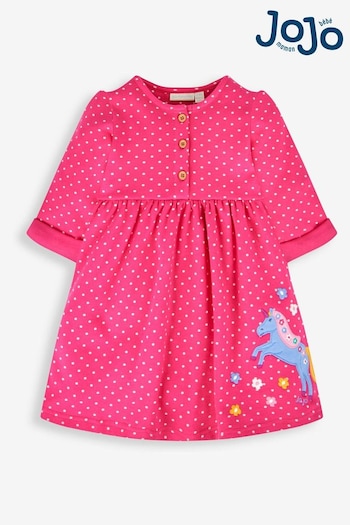 JoJo Maman Bébé Raspberry Pink Unicorn Girls' Appliqué Button Front Dress (613366) | £22