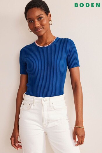 Boden Blue Crochet-Trim Knitted T-Shirt (613474) | £55