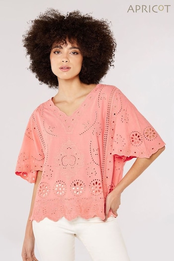Apricot Pink Embroidered Cotton V-Neck Top (613496) | £30