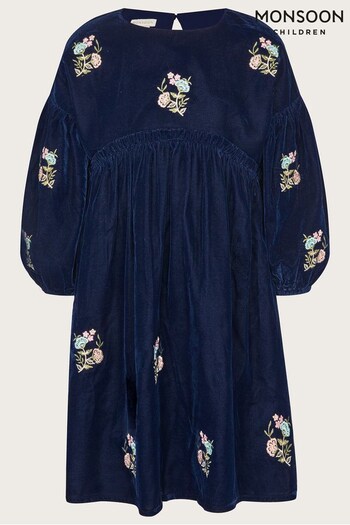 Monsoon Blue Velvet Embroidered Dress (613824) | £40 - £45