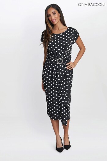 Gina Bacconi Jemima Spot Print Satin Black Dress With Buckle (613915) | £180