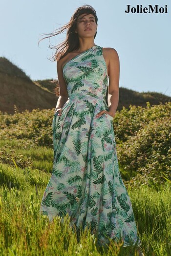 Jolie Moi Green Leaf Print One Shoulder Maxi Dress (614386) | £79