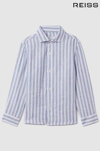 Reiss Blue Ruban Linen Button-Through Striped Shirt (615493) | £48