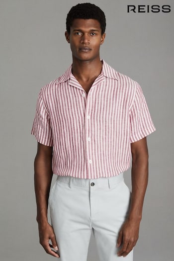 Reiss Pink Stripe Beldi Relaxed Linen Cuban Collar Shirt (615959) | £88