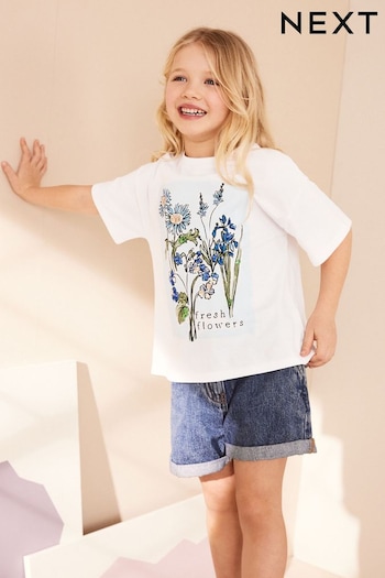 White/Blue Sequin Flowers T-Shirt (3-16yrs) (616253) | £10 - £15