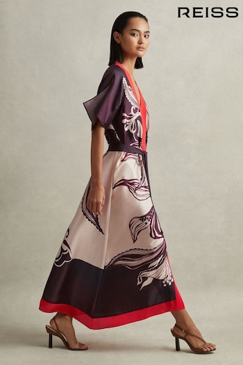 Reiss Ivory/Burgundy Hanna Petite Printed Front Split Midi Dress (617085) | £248