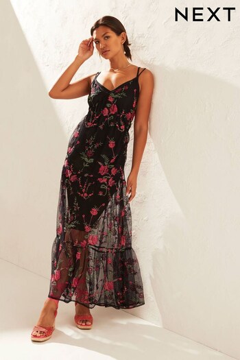 Black Floral Sheer Embroidered Maxi Dress (617522) | £65