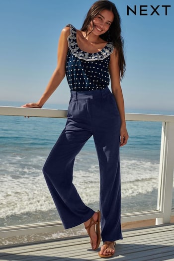 Navy Blue Linen Blend Wide Leg Trousers clothing (617742) | £26