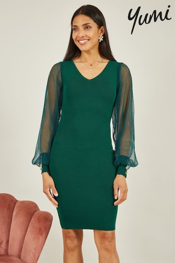 Yumi Green Knitted Body Con Dress With Chiffon Sleeve (618291) | £50