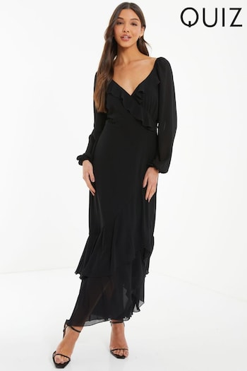 Quiz Black Midaxi Chiffon Dress With Frill Detail And Balloon Sleeve (618605) | £50