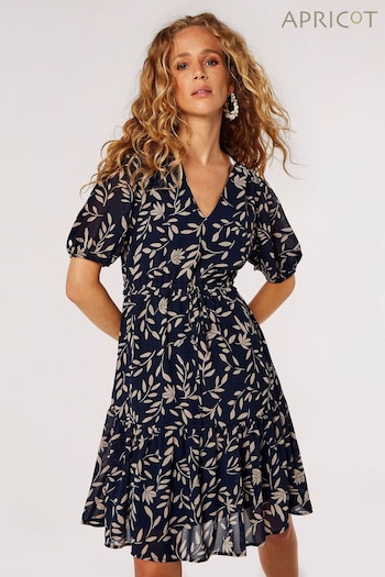 Apricot Navy Blue & Cream Mono Leaf Tie Thru Puff Sleeve Dress (618914) | £35