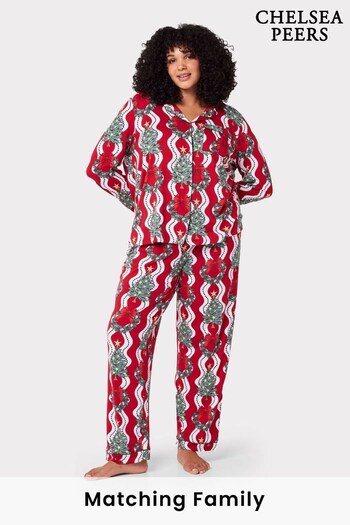 Chelsea Peers Red Curve Recycled Fibre Wreath & Tree Stripe Print Long Pyjama Set (619158) | £45
