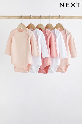 Pink/White Essential Long Sleeve Baby Bodysuits 5 Pack (619349) | £12 - £14