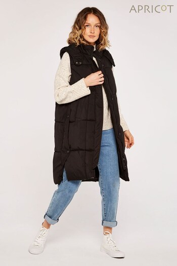 Apricot Black Button Panel Long Line Puffer Gilet (619705) | £49 - £55