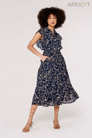 Apricot Navy Blue Micro Leaf Dreamy Midaxi Dress (619887) | £42