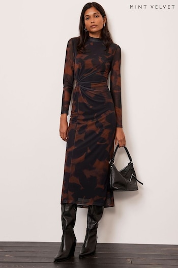 Mint Velvet Brown Abstract Print Mesh Midi Dress (620361) | £119