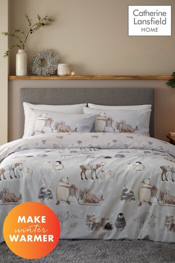 Catherine Lansfield Grey Brushed Cotton Winter Animals Duvet Cover Set (620494) | £20 - £35