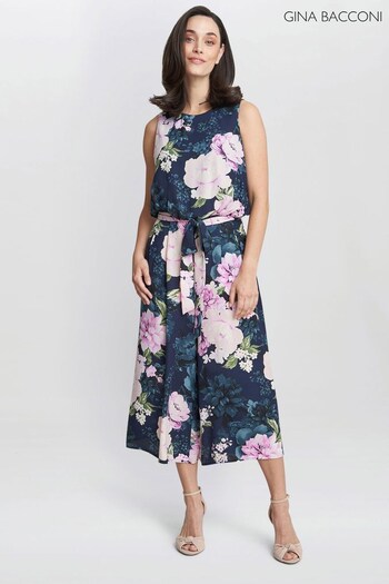 Gina Bacconi Blue Hope Printed Cropped Jumpsuit With Tie Belt (620600) | £190