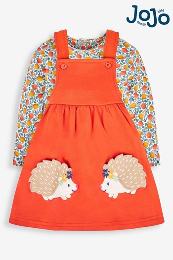 JoJo Maman Bébé Rust Orange Hedgehog Girls' 2-Piece Appliqué Pinafore Phantom Dress & Top Set (621090) | £26.50