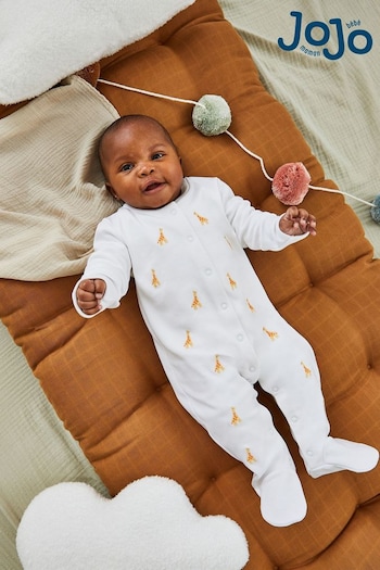 JoJo Maman Bébé Giraffe Embroidered Cotton Baby Sleepsuit (622620) | £21