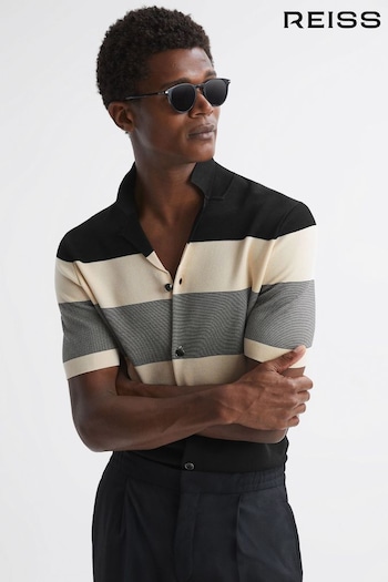 Reiss Black Seville Striped Cuban Collar Button Through T-Shirt (622890) | £128