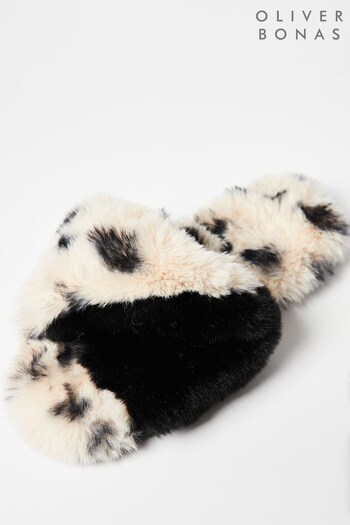 Oliver Bonas Spotty Animal Cross-Over Faux Fur White Slippers (624170) | £28