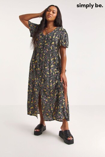 Simply Be Black Print Crinkle Button Up Dress (625042) | £18