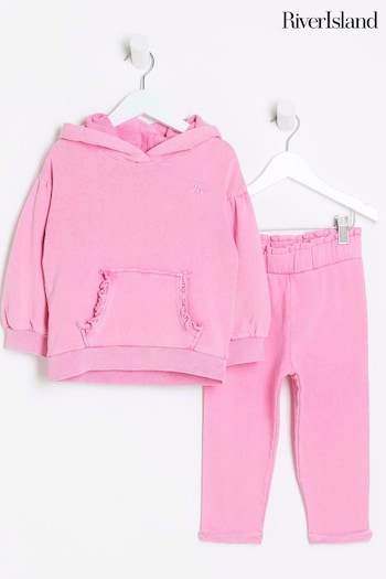 River Island Pink Girls Washed Hoodie pleated Set (625196) | £25