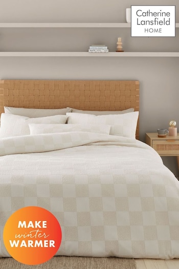 Catherine Lansfield Cream Checkerboard Textured Cosy and Warm Duvet Cover Set (625210) | £30 - £40