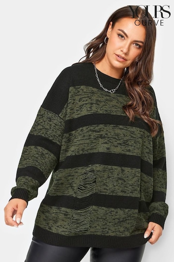 Yours Curve Green Distressed Stripe Jumper (625434) | £27