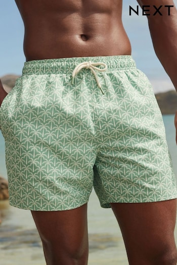 Sage Green Palm Tree Geo Regular Fit Printed Swim Shorts Niebieskie (625714) | £18