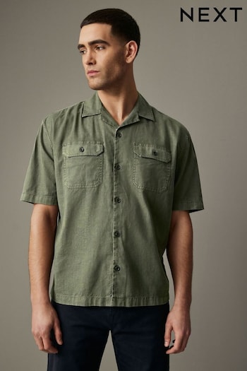 Green Linen Blend Short Sleeve Shirt with Cuban Collar (625959) | £32