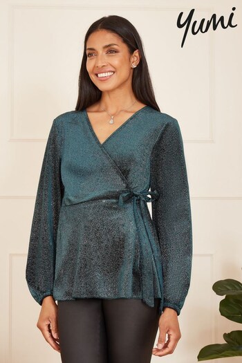 Yumi Green Sparkle Velvet Wrap Top With Long Sleeves (626116) | £40