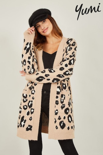 Yumi Black Long Animal Print Intarsia Knit Cardigan (626599) | £50