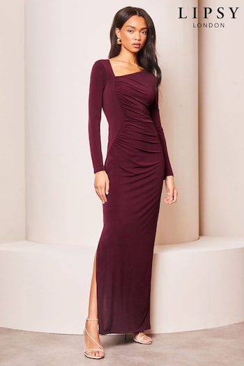 Lipsy Purple Long Sleeve Ruched Front Side Split Maxi Dress (627192) | £82
