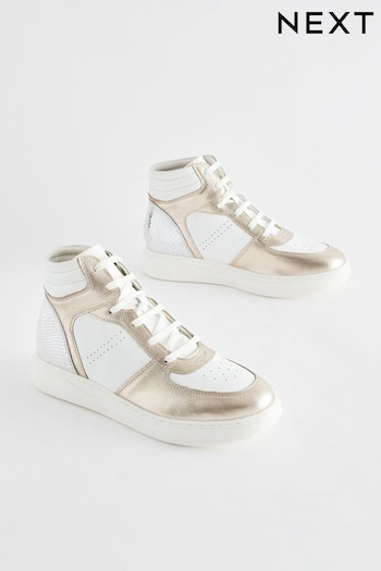 White/Gold Signature Leather High Top Trainers (627306) | £58