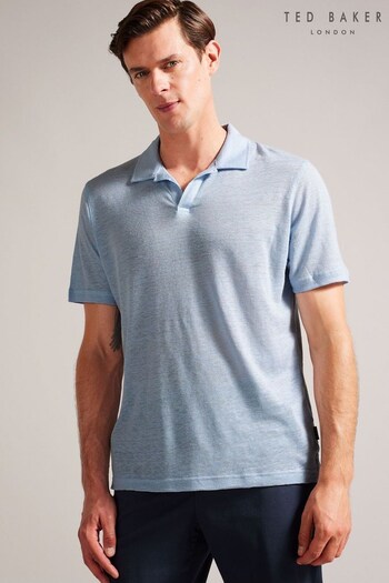Ted Baker Lingpo Blue Short Sleeve Linen Open Neck Polo Shirt (627538) | £65