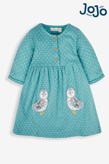 JoJo Maman Bébé Duck Egg Blue Owl Girls' Appliqué Button Front Dress (629039) | £22